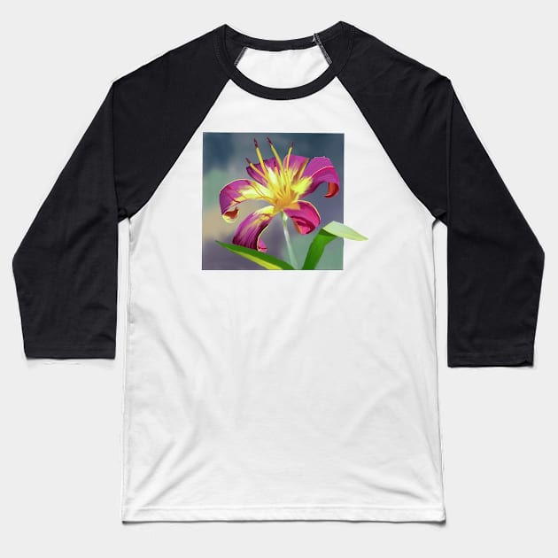 Purple Yellow Lily Baseball T-Shirt by designs-by-ann